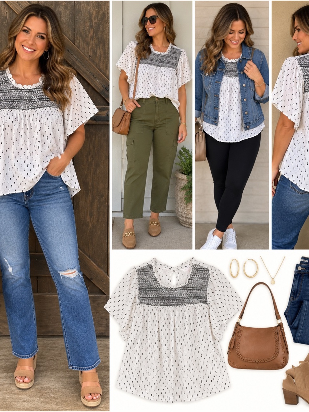 LC Lauren Conrad White Blouse with Gray Smocked Yoke